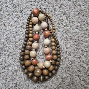 Vintage Wood Bead Necklaces Boho Chunky Natural Statement Set 3